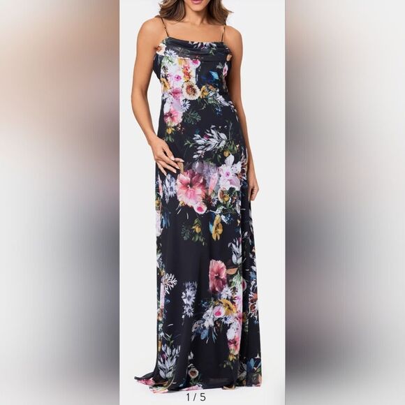 Betsy & Adam Petite Floral Print Cowl Neck Gown NWT Size 8P Black And Pink - Picture 1 of 5